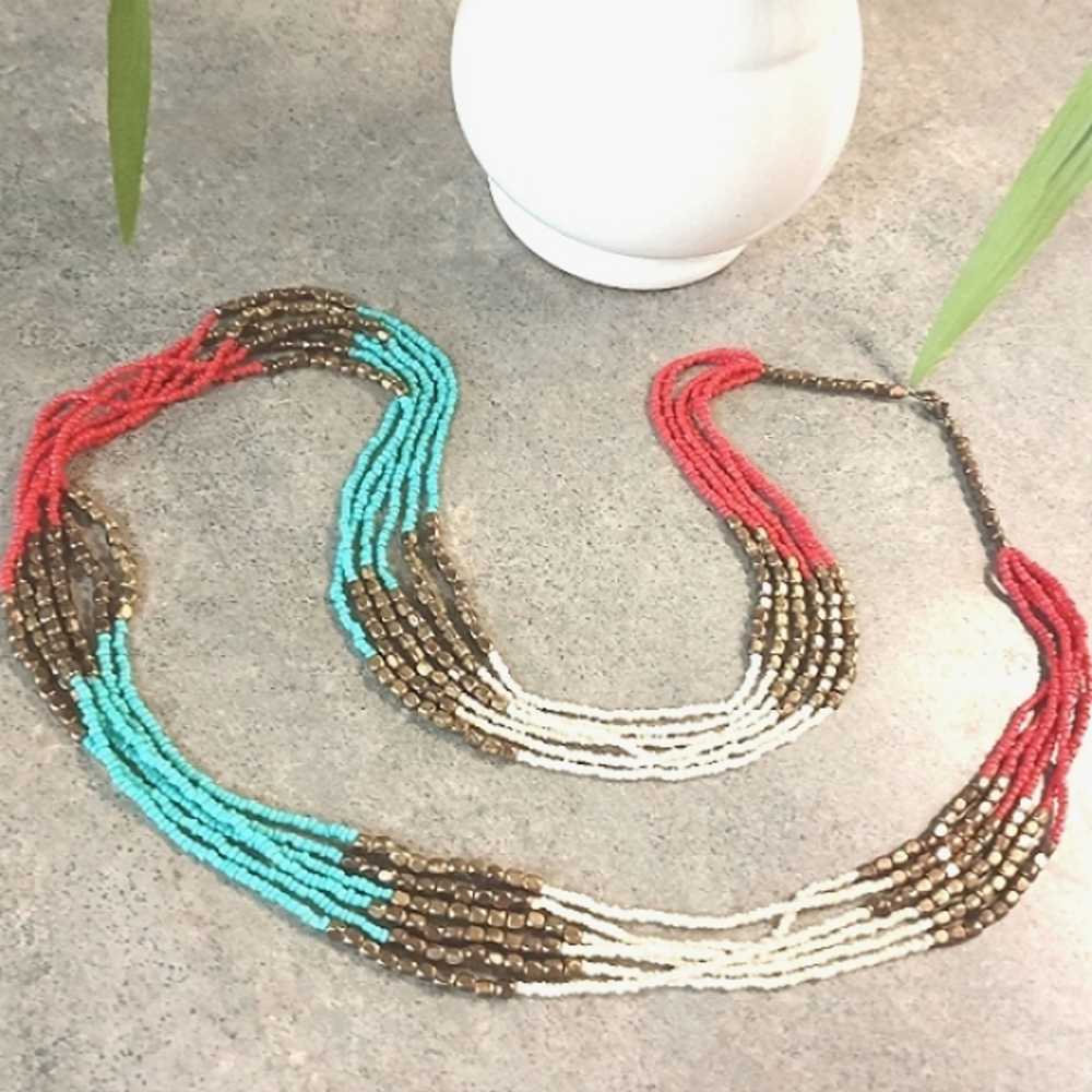 Long Boho Turquoise/Coral/Cream Seed Beaded Necklace (32"L)